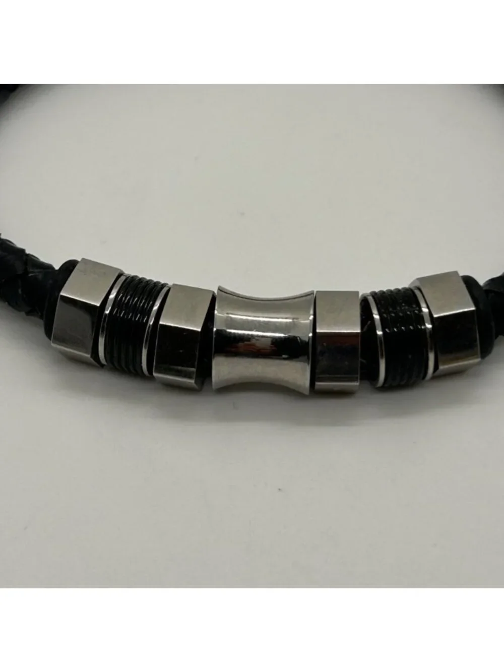 Men's Black Braided Leather Bracelet With Stainless Steel Magnetic Clasp Size 7